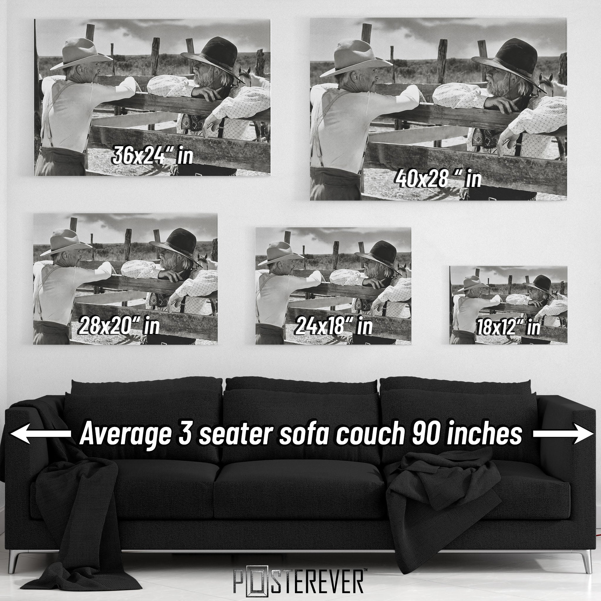 Lonesome Dove wall art size comparison chart shown above a sofa