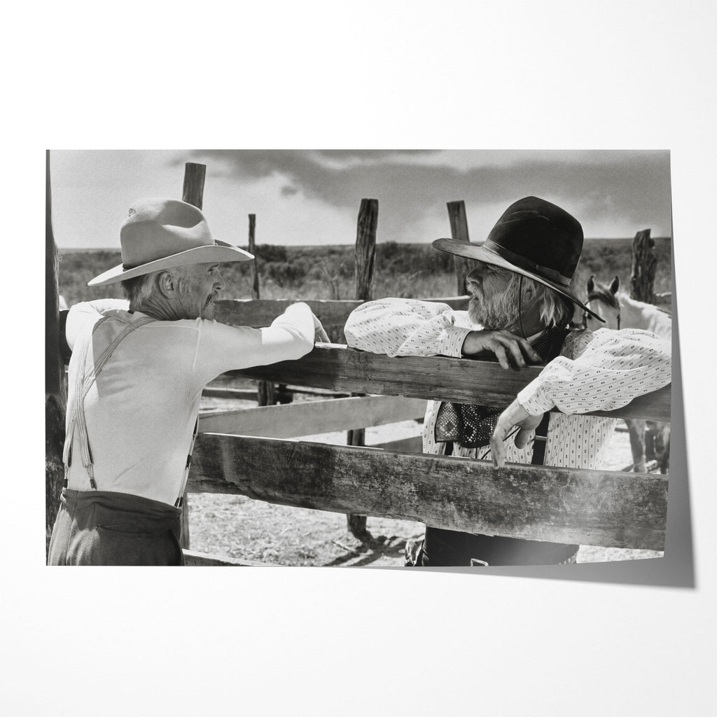 Unframed black and white print of Gus and Call talking at the Hat Creek fence in Lonesome Dove