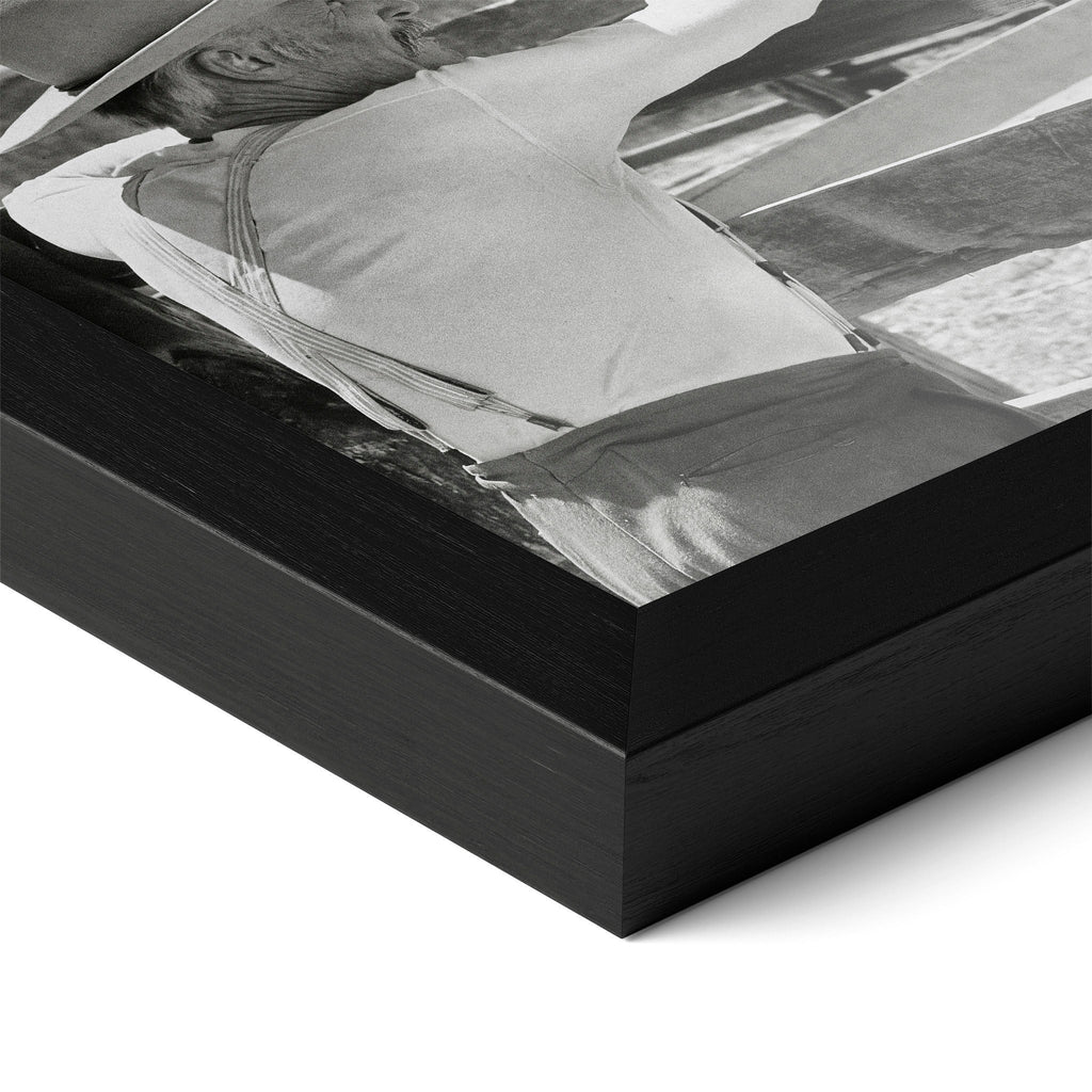 Close-up of the Lonesome Dove Hat Creek black and white poster in a classic black wood frame