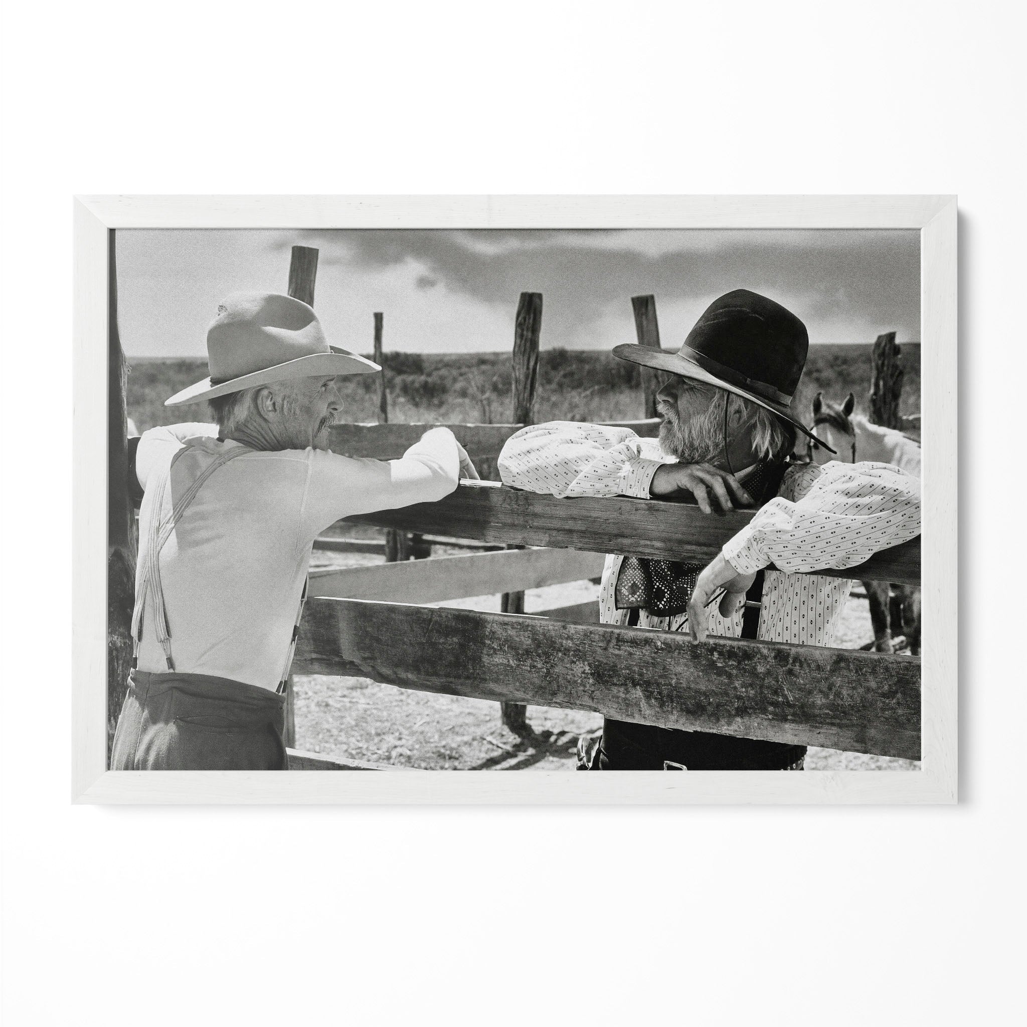 Lonesome Dove Gus and Call black and white print in a classic white poster frame