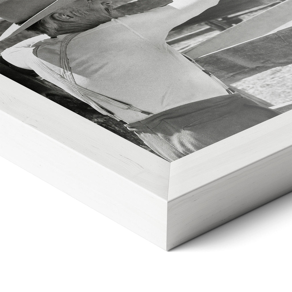 Corner close-up of the Lonesome Dove Hat Creek black and white poster in a white frame