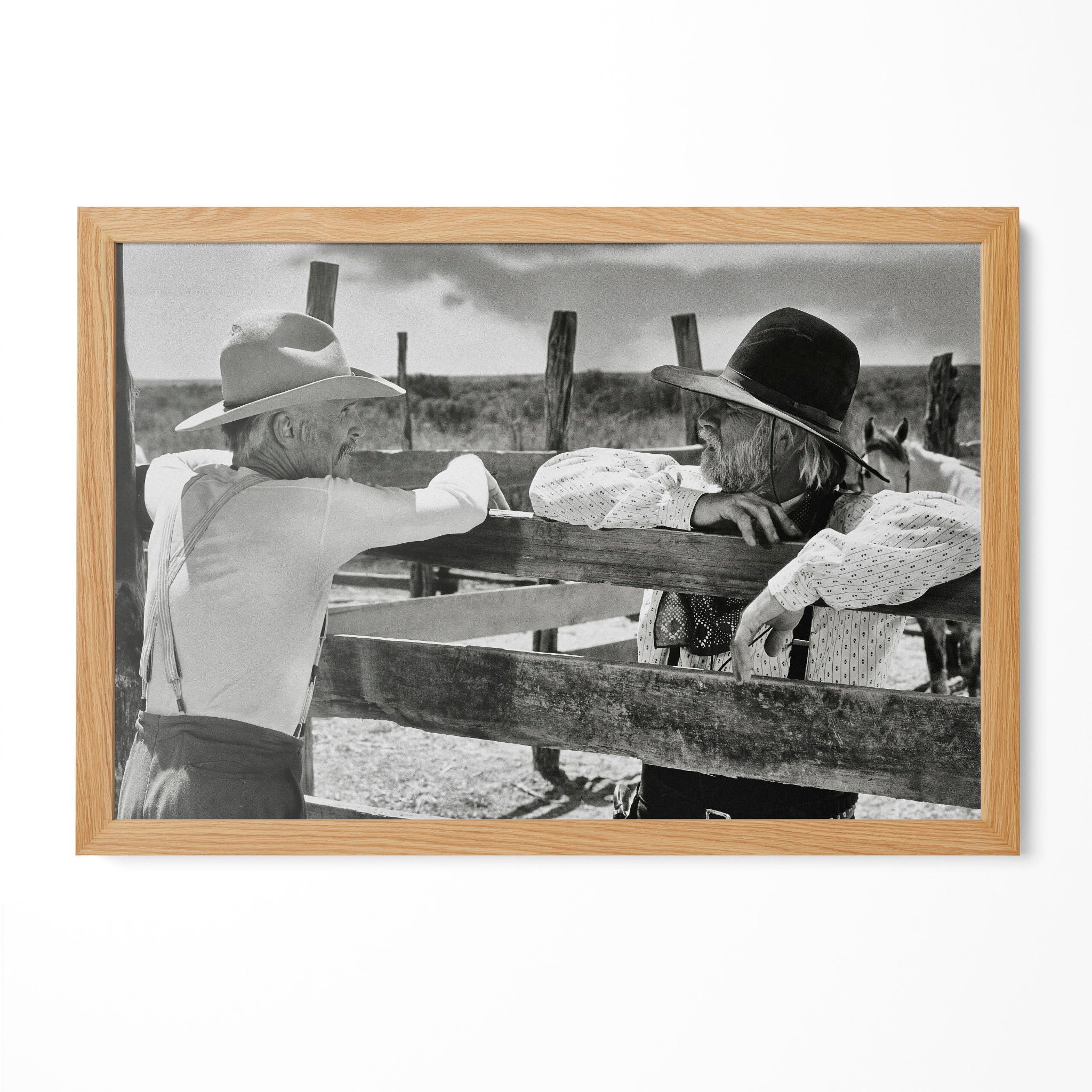 Lonesome Dove Gus and Call black and white print in a natural oak poster frame