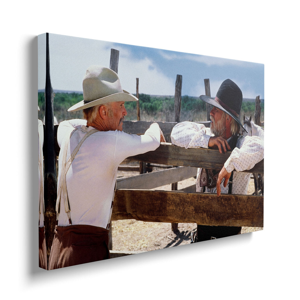 Gallery-wrapped colour canvas of Gus and Call at the Hat Creek fence displayed on a wall