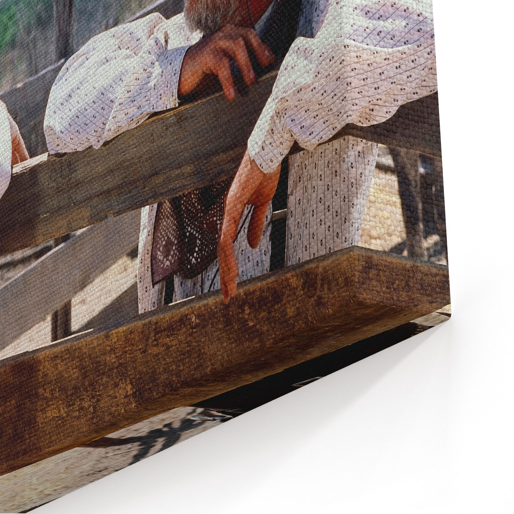 Close-up of the gallery-wrapped canvas edge on the Lonesome Dove Hat Creek colour print