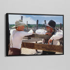 Angled view of the Lonesome Dove Hat Creek colour canvas in a black floating frame