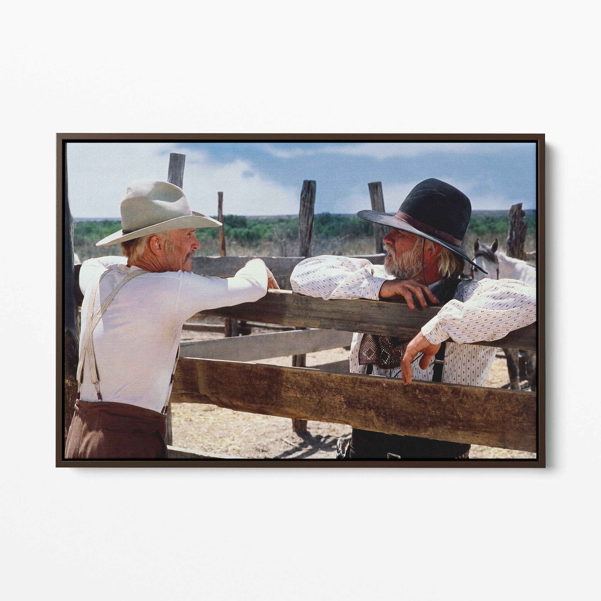 Front display of the Lonesome Dove Hat Creek colour canvas in a dark walnut floating frame
