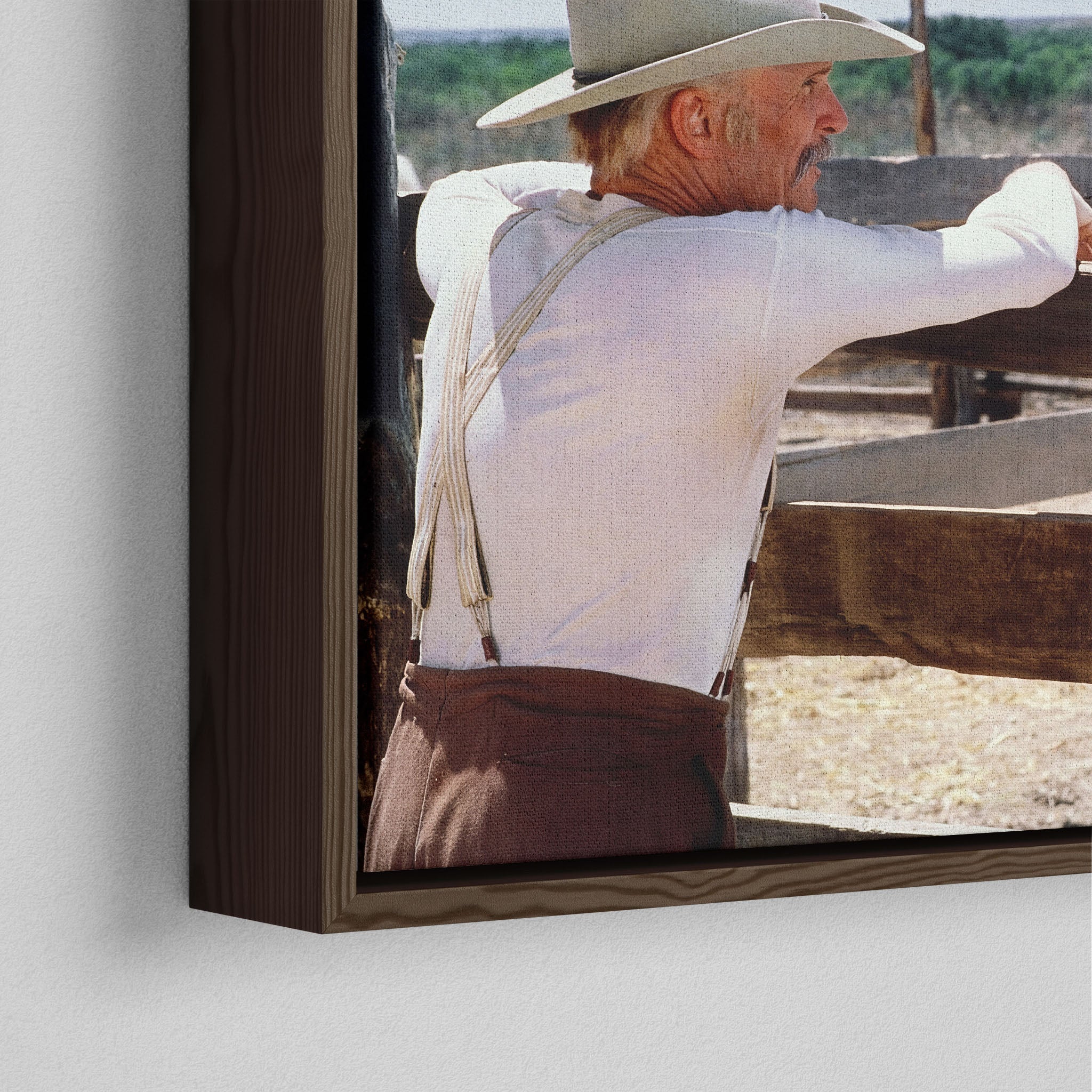 Close-up of the dark walnut floating frame on the Lonesome Dove Hat Creek colour canvas