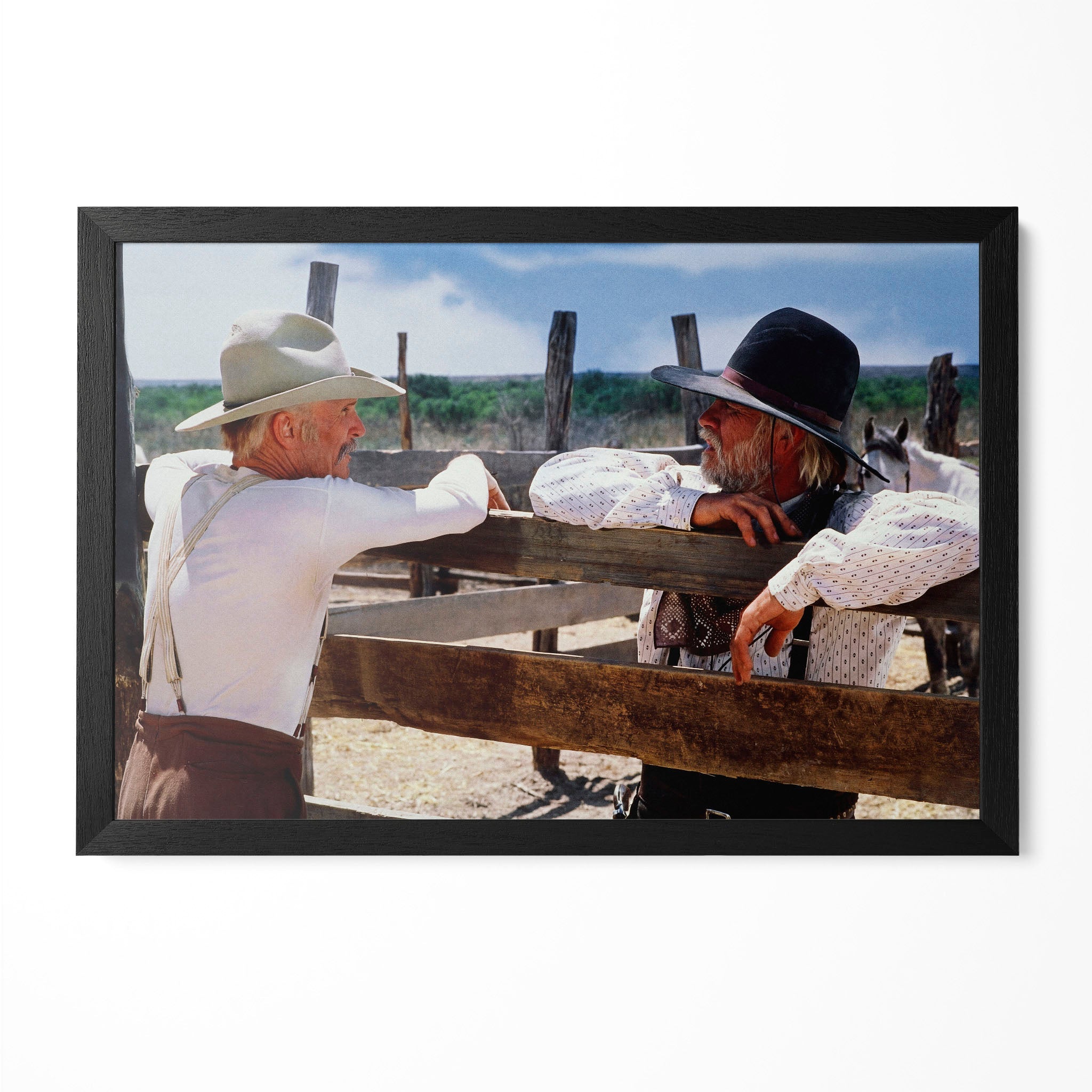 Robert Duvall and Tommy Lee Jones as Gus and Call in Lonesome Dove, colour portrait in a classic black poster frame