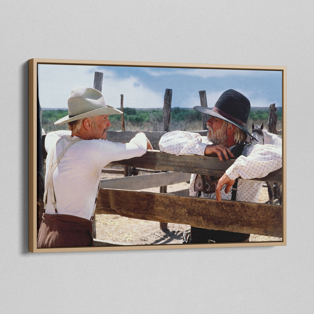 Angled view of the Lonesome Dove Hat Creek colour canvas in a natural oak floating frame