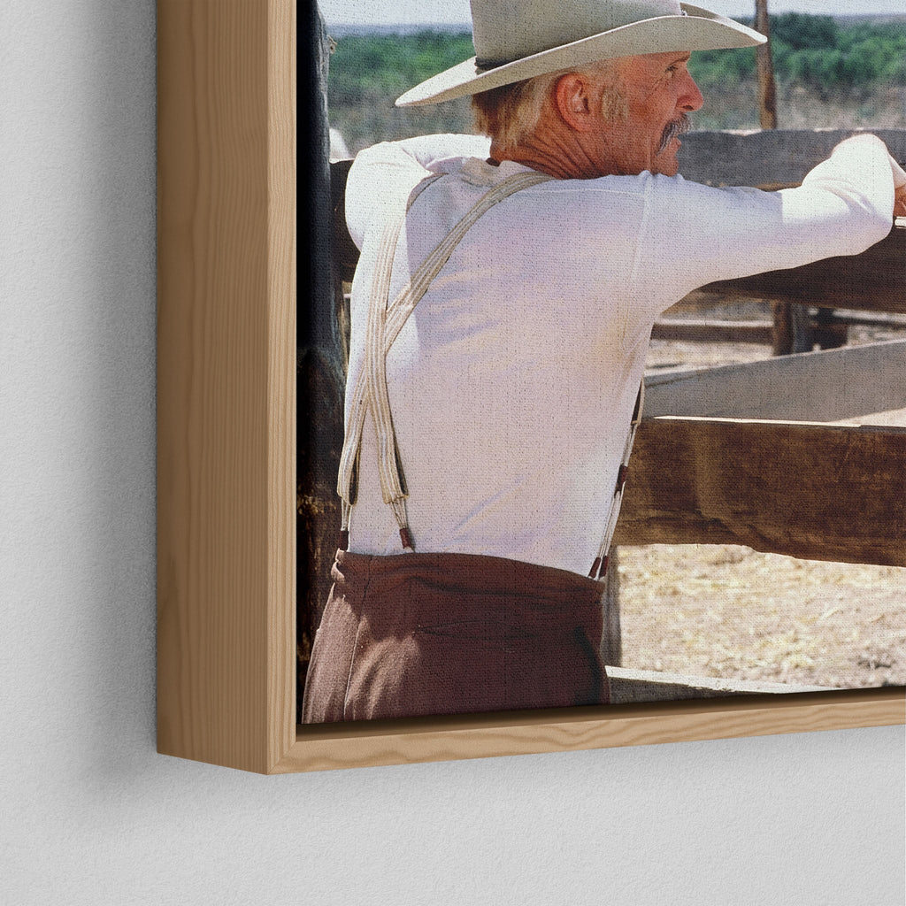 Corner close-up of the natural oak floating frame on the Lonesome Dove Hat Creek colour canvas