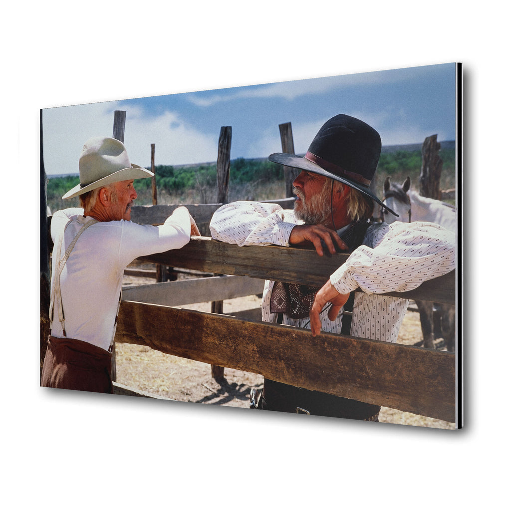 Lonesome Dove Gus and Call colour metal print displayed on a wall