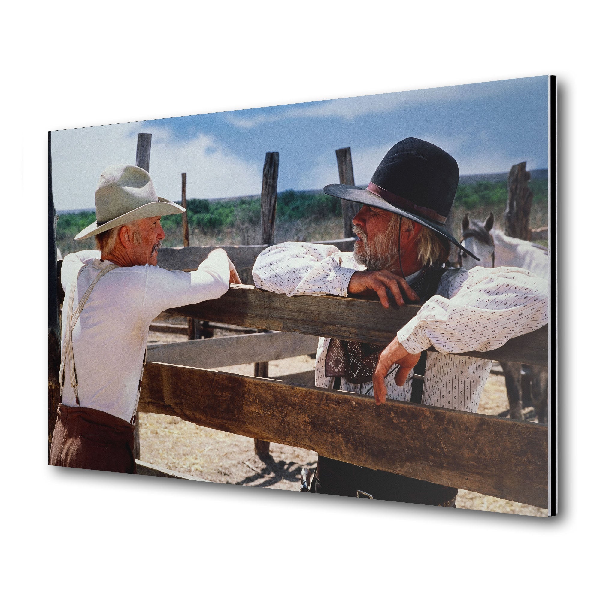 Lonesome Dove Gus and Call colour metal print displayed on a wall