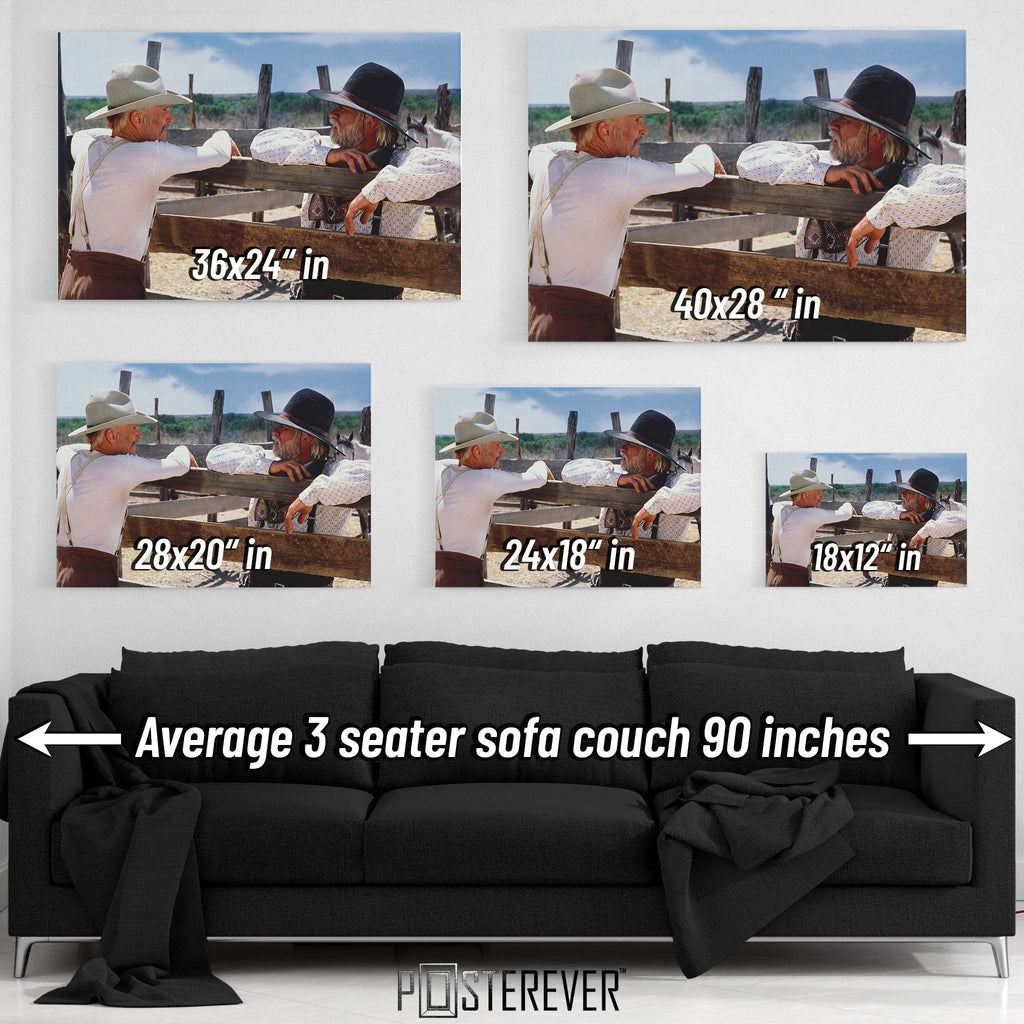 Lonesome Dove wall art size comparison chart shown above a sofa