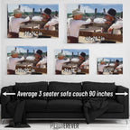 Lonesome Dove wall art size comparison chart shown above a sofa