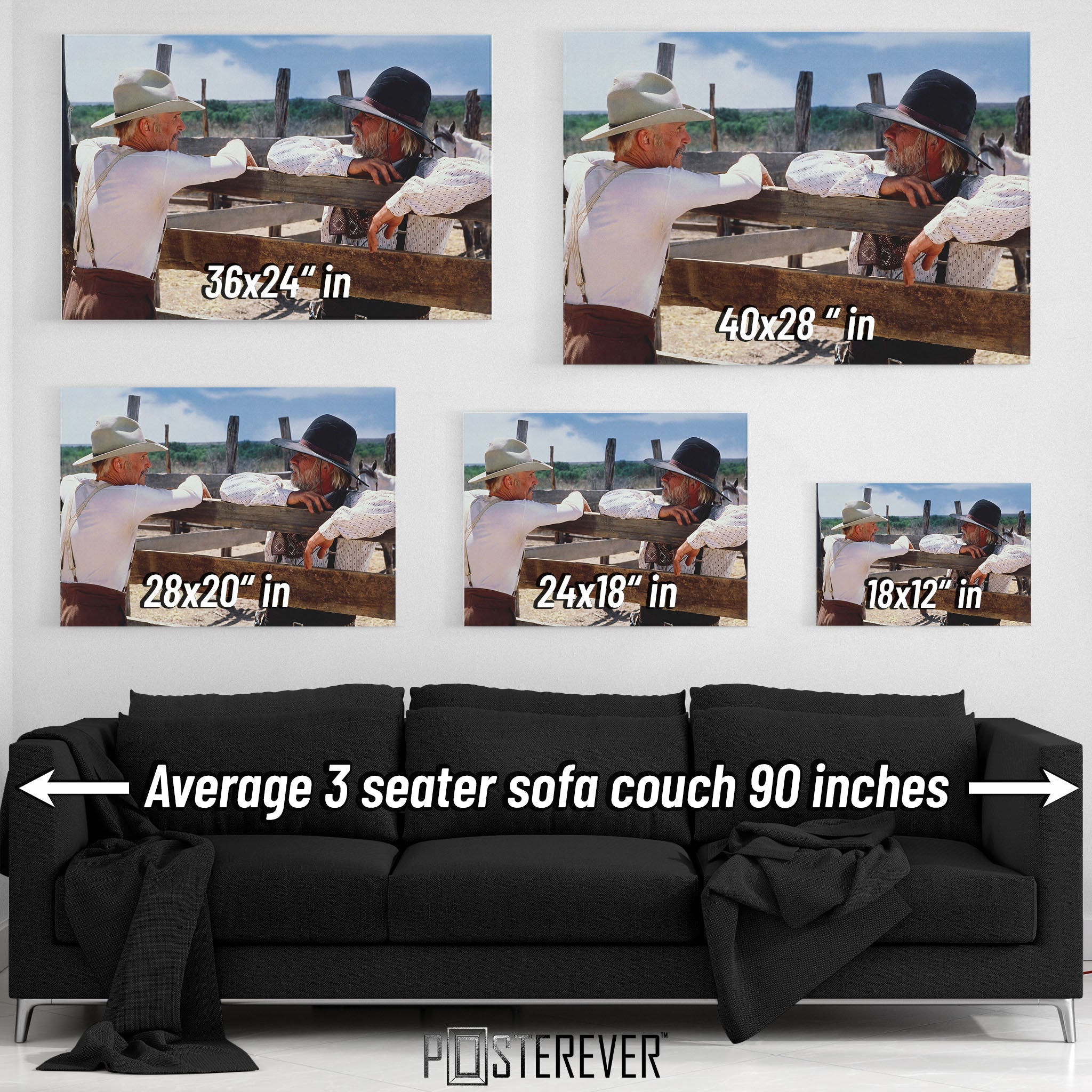 Lonesome Dove wall art size comparison chart shown above a sofa