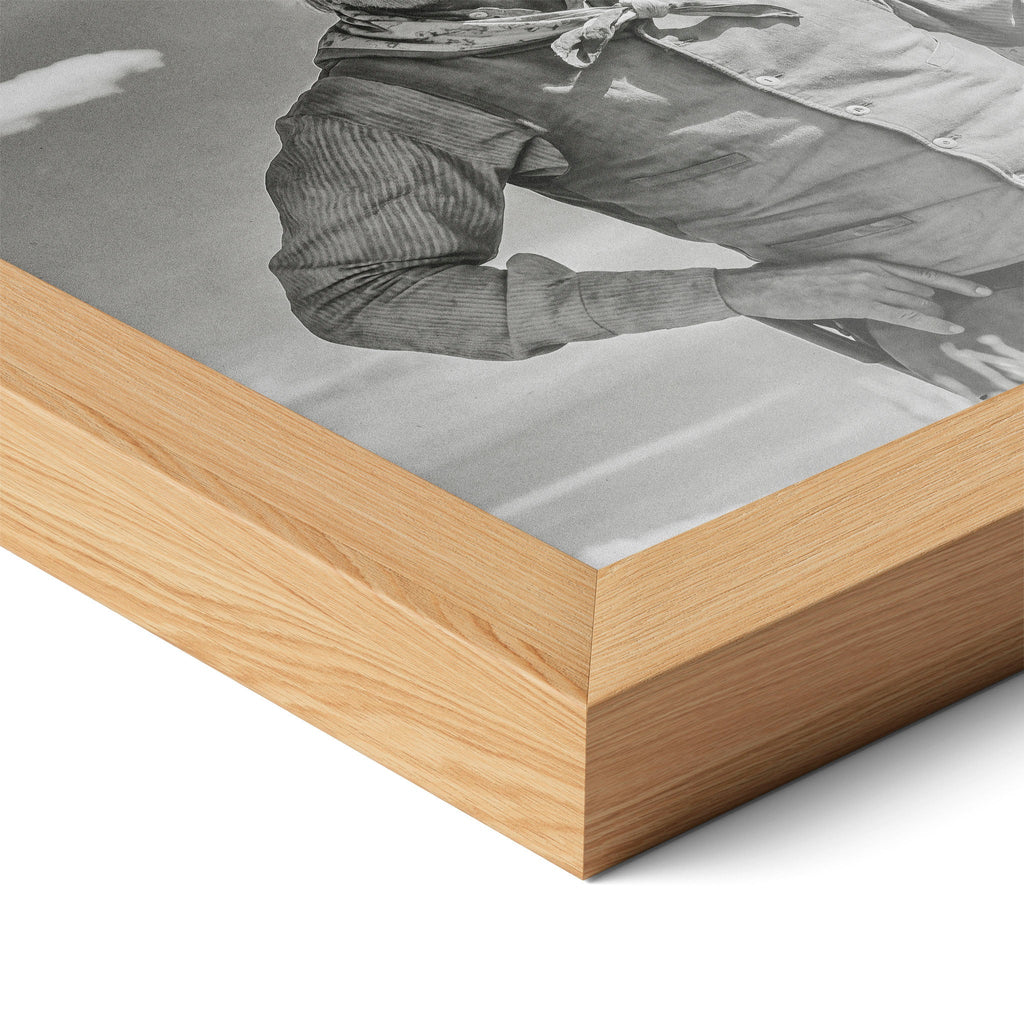 Close-up of the natural oak frame on the Lonesome Dove Montana Trail black and white poster