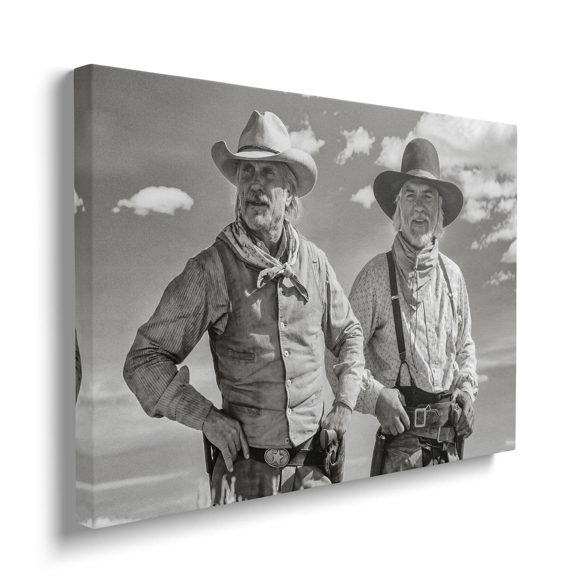 Gallery-wrapped black and white canvas of Gus and Call on the Montana trail displayed on a wall