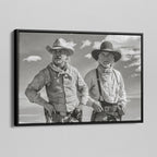 Angled view of the Lonesome Dove Montana Trail black and white canvas in a black floating frame