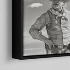 Corner close-up of the black floating frame on the Lonesome Dove Montana Trail black and white canvas
