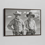 Angled view of the Lonesome Dove Montana Trail black and white canvas in a dark walnut floating frame