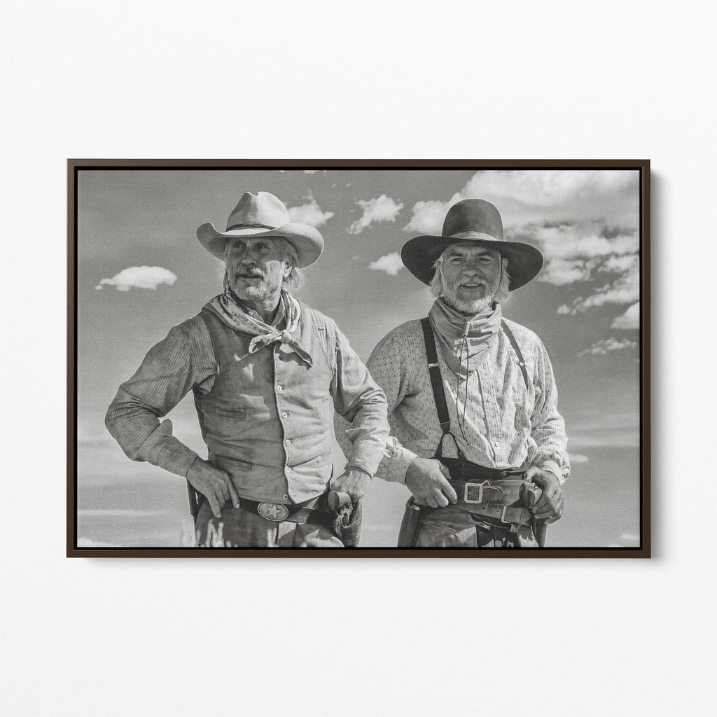 Front display of the Lonesome Dove Montana Trail black and white canvas in a dark walnut floating frame