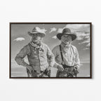 Front display of the Lonesome Dove Montana Trail black and white canvas in a dark walnut floating frame