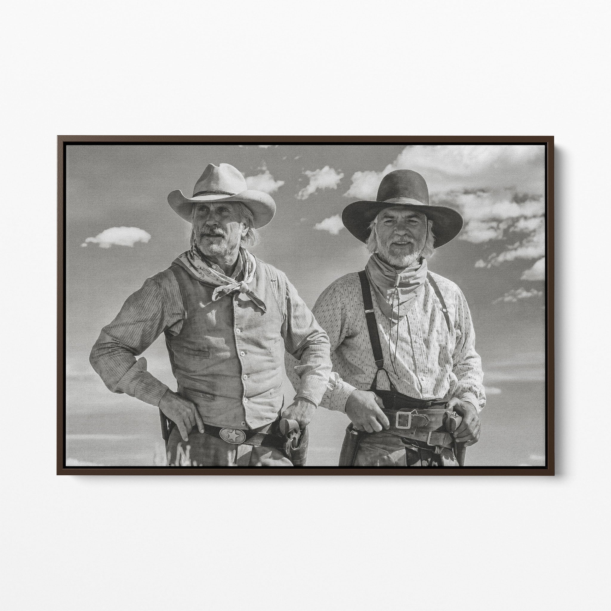 Front display of the Lonesome Dove Montana Trail black and white canvas in a dark walnut floating frame