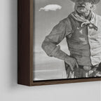 Close-up of the dark walnut floating frame on the Lonesome Dove Montana Trail black and white canvas