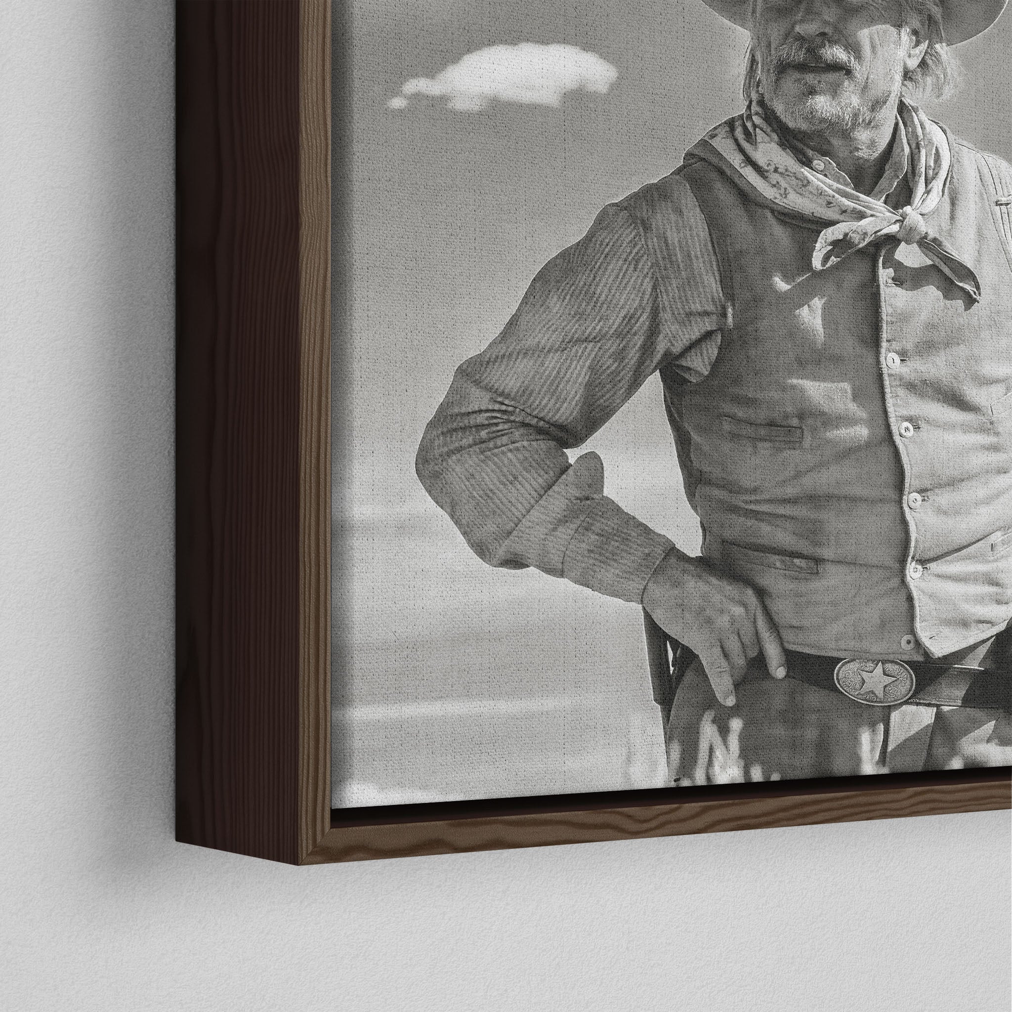Close-up of the dark walnut floating frame on the Lonesome Dove Montana Trail black and white canvas