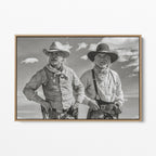 Front display of the Lonesome Dove Montana Trail black and white canvas in a natural oak floating frame