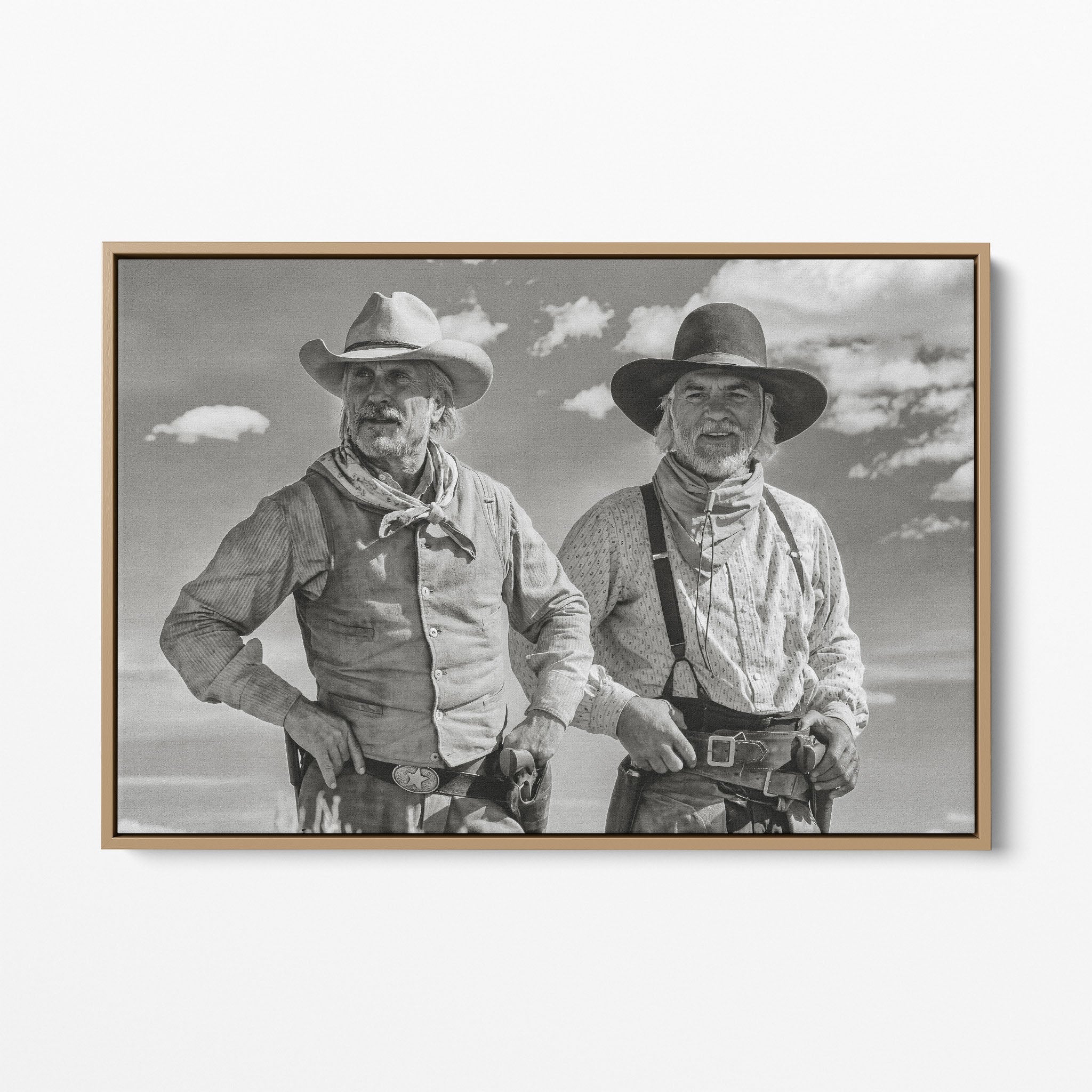 Front display of the Lonesome Dove Montana Trail black and white canvas in a natural oak floating frame
