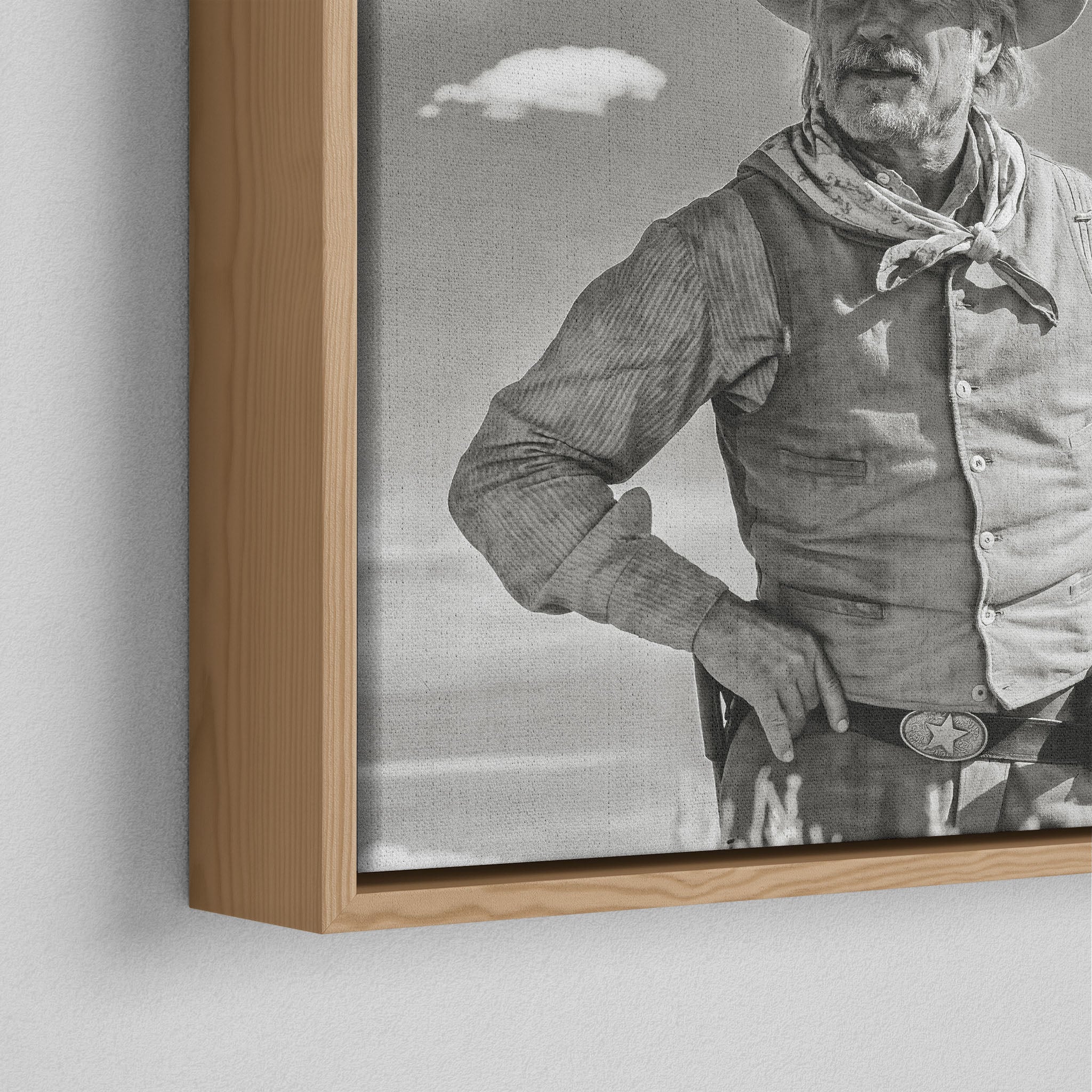 Corner close-up of the natural oak floating frame on the Lonesome Dove Montana Trail black and white canvas