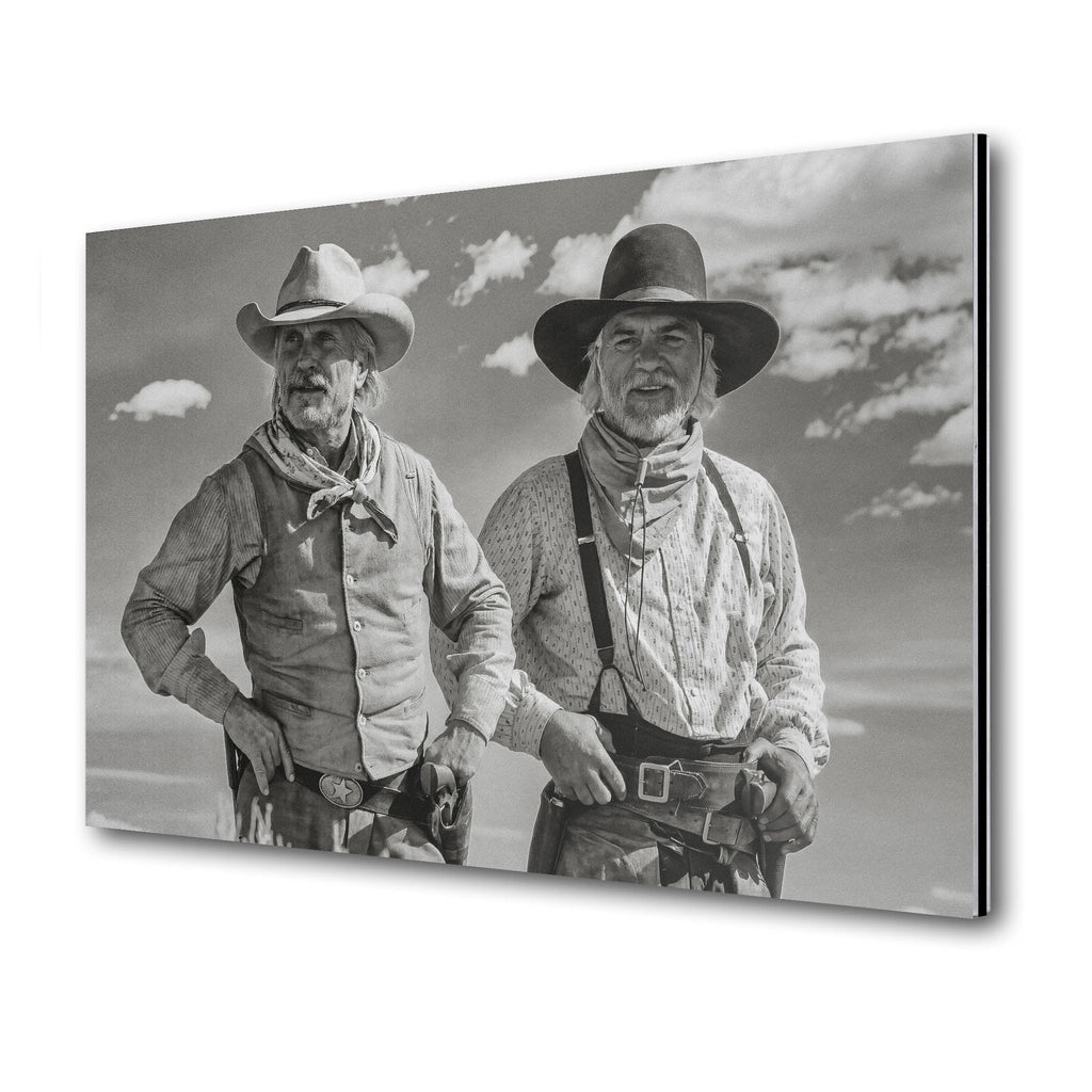 Lonesome Dove Gus and Call black and white metal print displayed on a wall