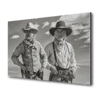 Lonesome Dove Gus and Call black and white metal print displayed on a wall