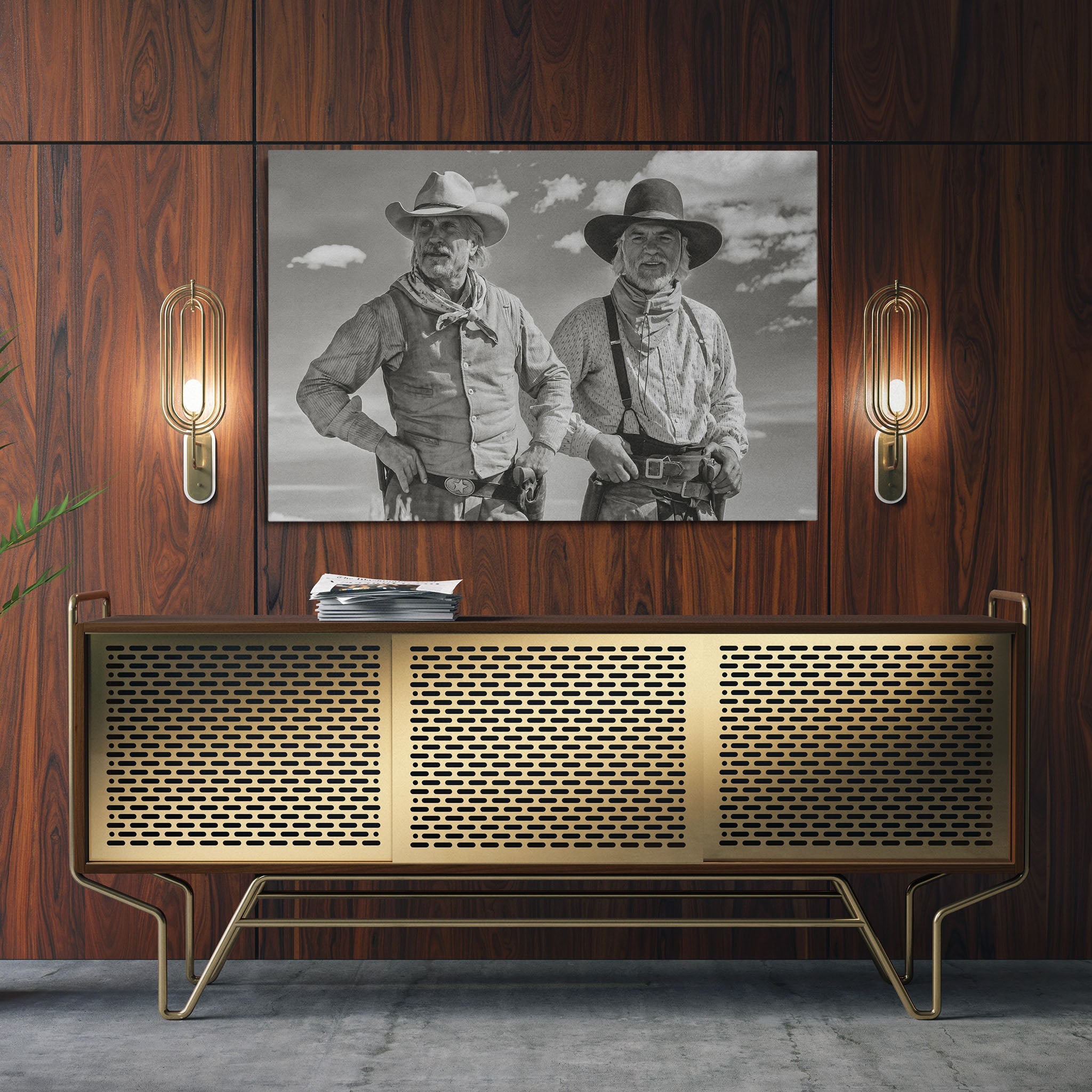 Sleek aluminum black and white metal print of Gus and Call from Lonesome Dove