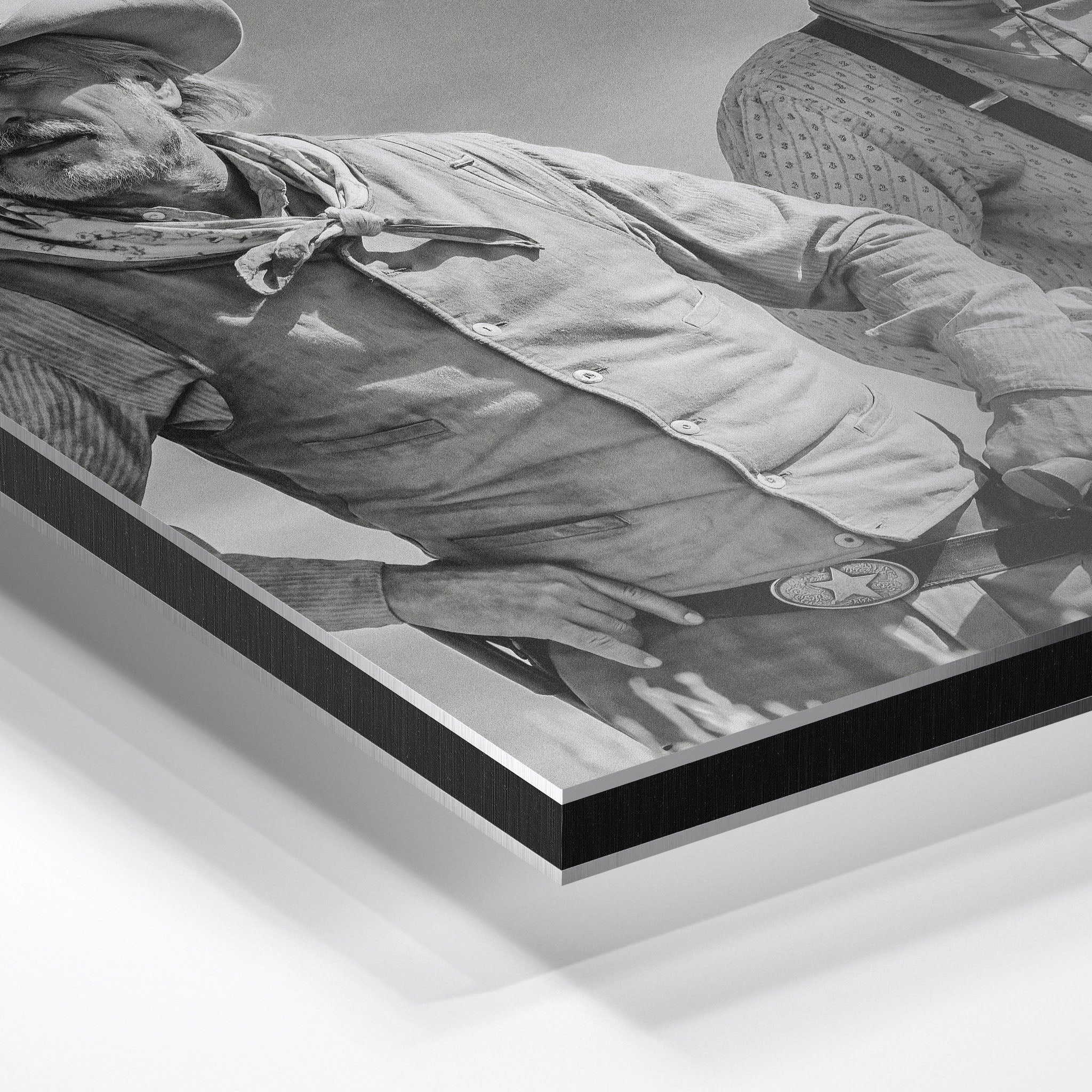 Close-up of the aluminum edge on the Lonesome Dove Montana Trail black and white metal print