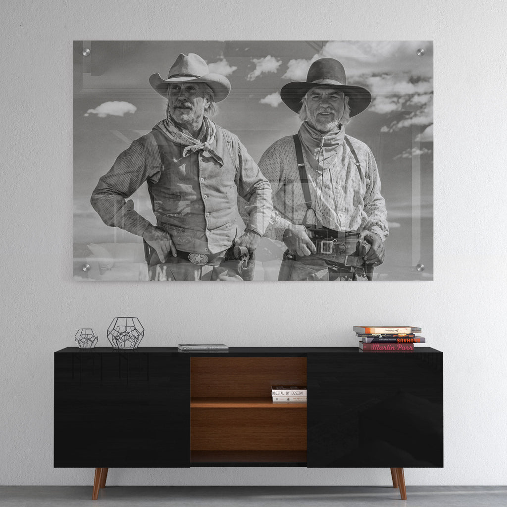 High-gloss acrylic black and white print of Gus and Call from Lonesome Dove displayed on a wall