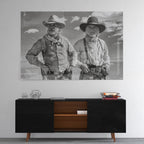 High-gloss acrylic black and white print of Gus and Call from Lonesome Dove displayed on a wall