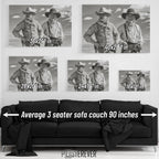 Lonesome Dove wall art size comparison chart shown above a sofa