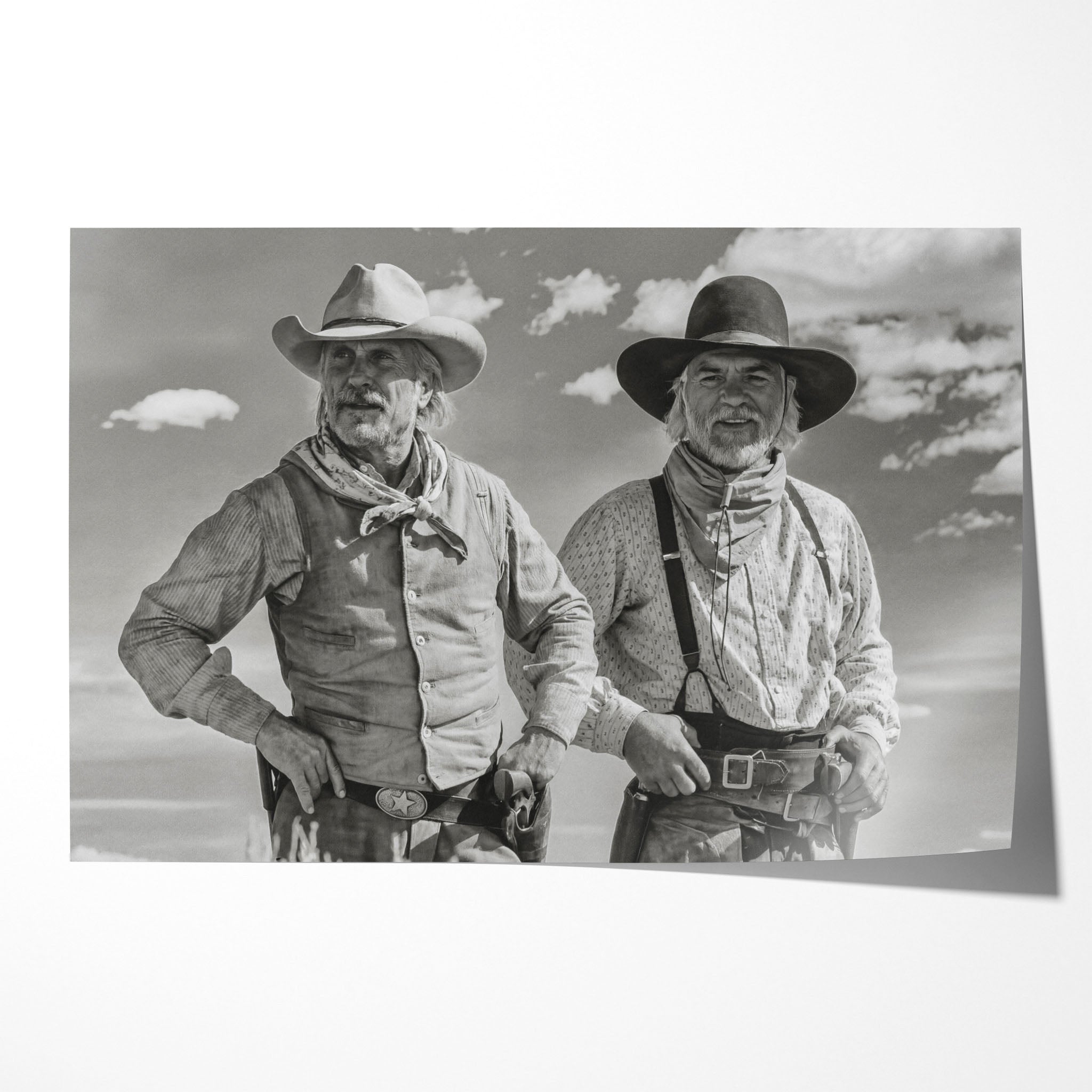 Unframed black and white print of Gus and Call standing beneath a wide sky in Lonesome Dove