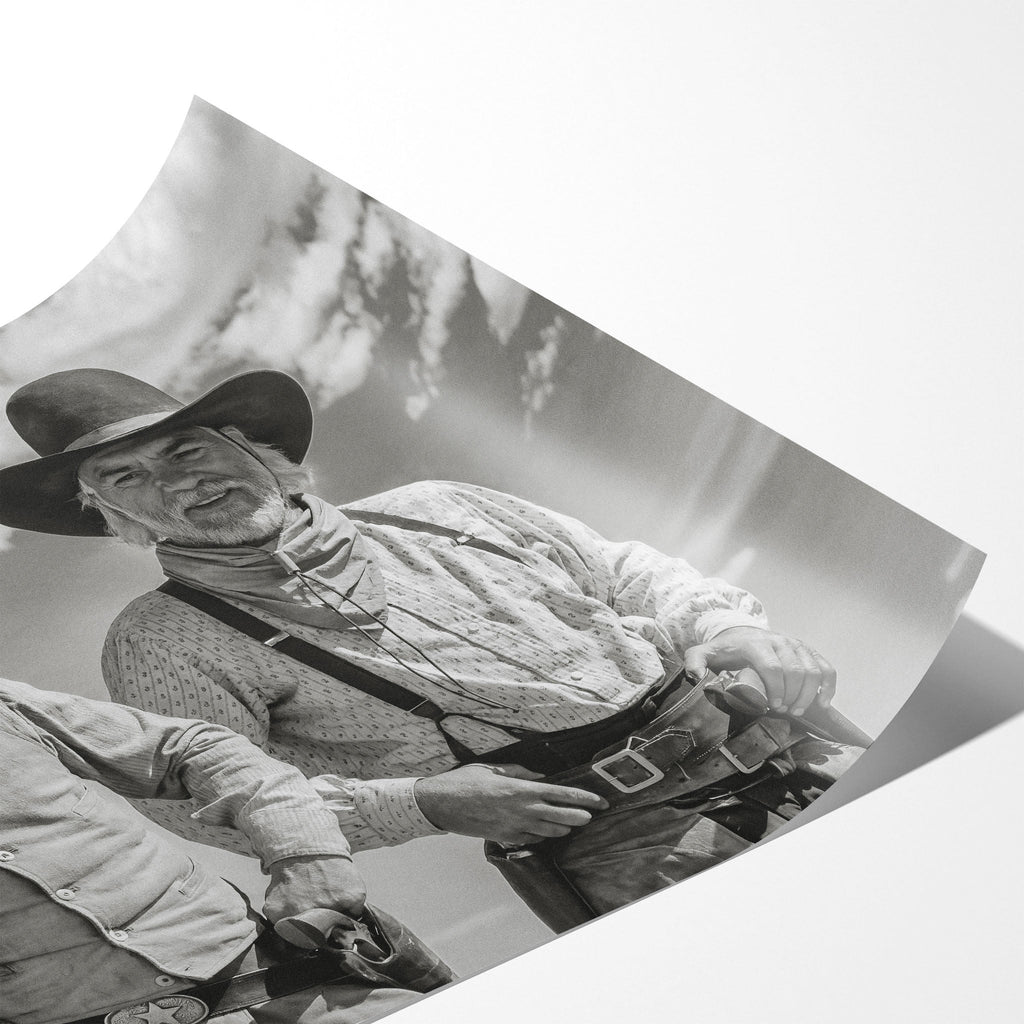Angled close-up of the unframed Lonesome Dove Montana Trail black and white poster showing fine paper detail