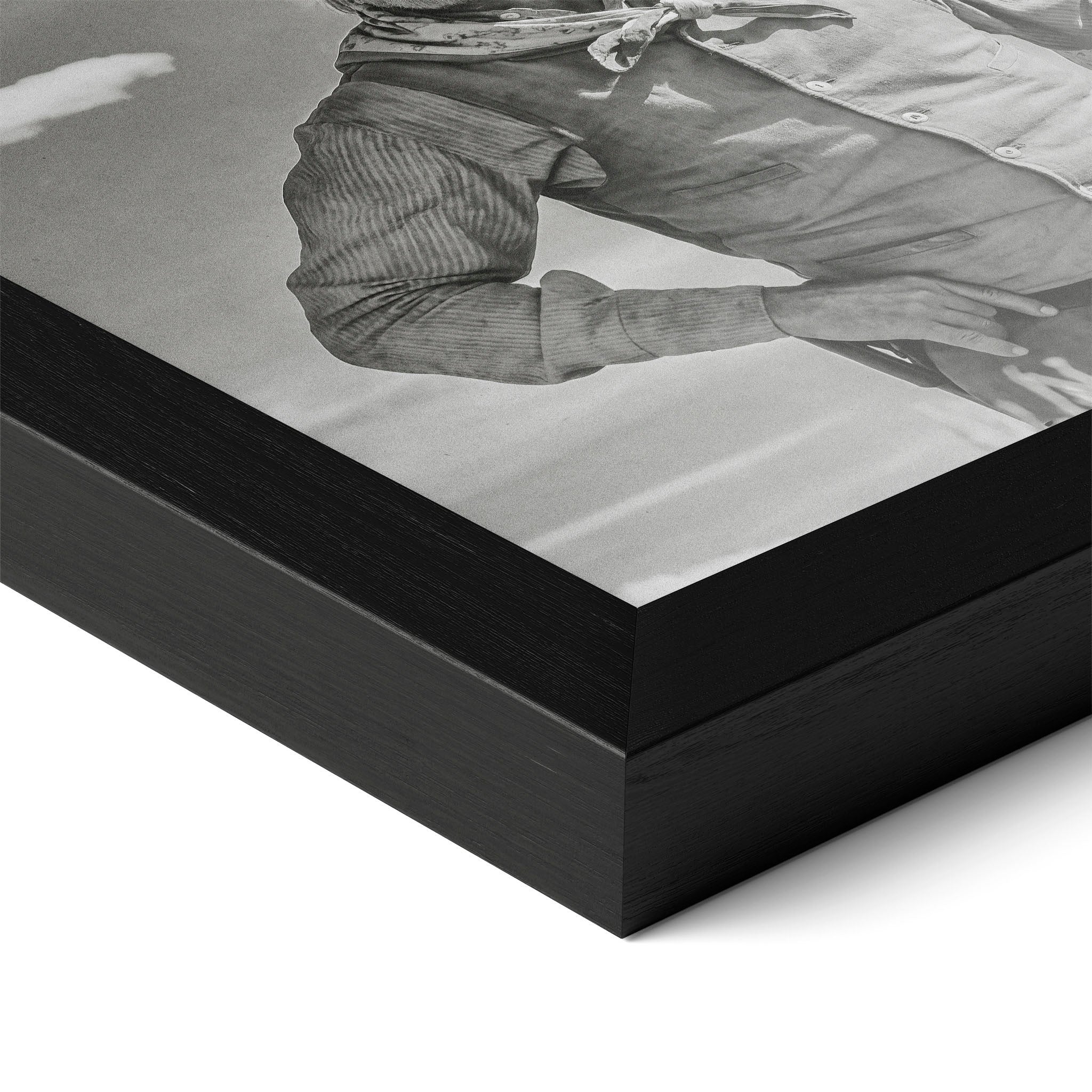 Close-up of the Lonesome Dove Montana Trail black and white poster in a classic black wood frame