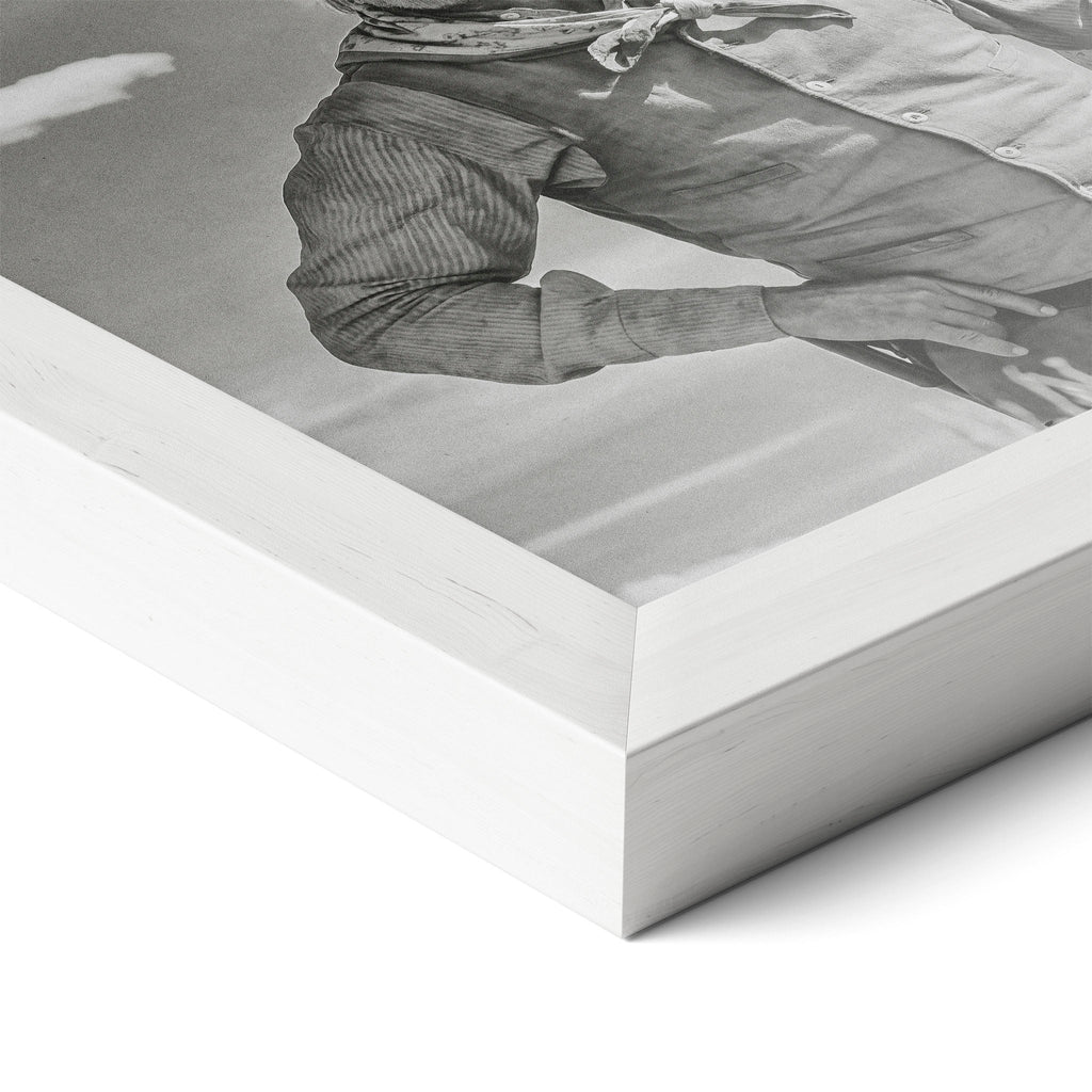 Corner close-up of the Lonesome Dove Montana Trail black and white poster in a white frame