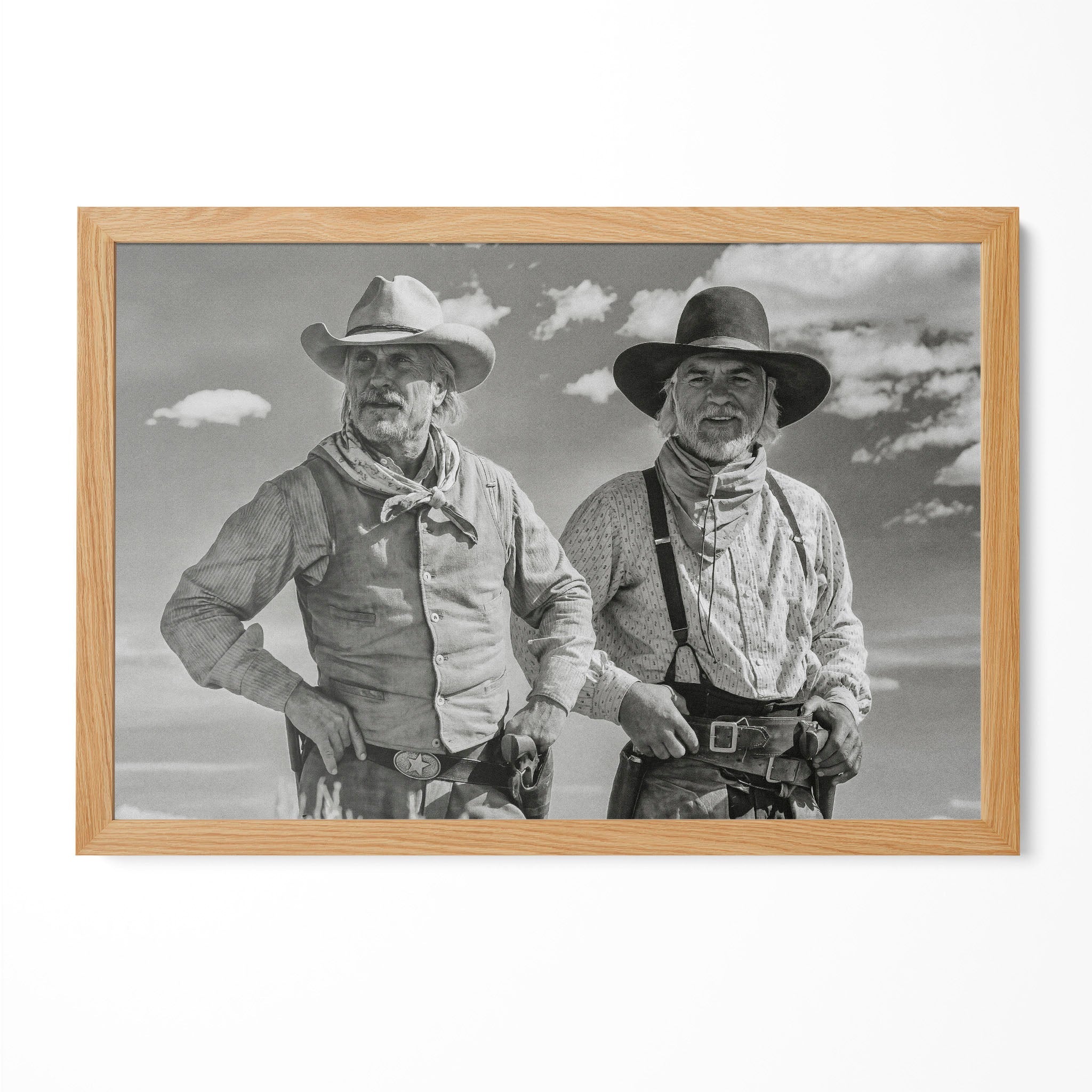 Lonesome Dove Gus and Call black and white print in a natural oak poster frame