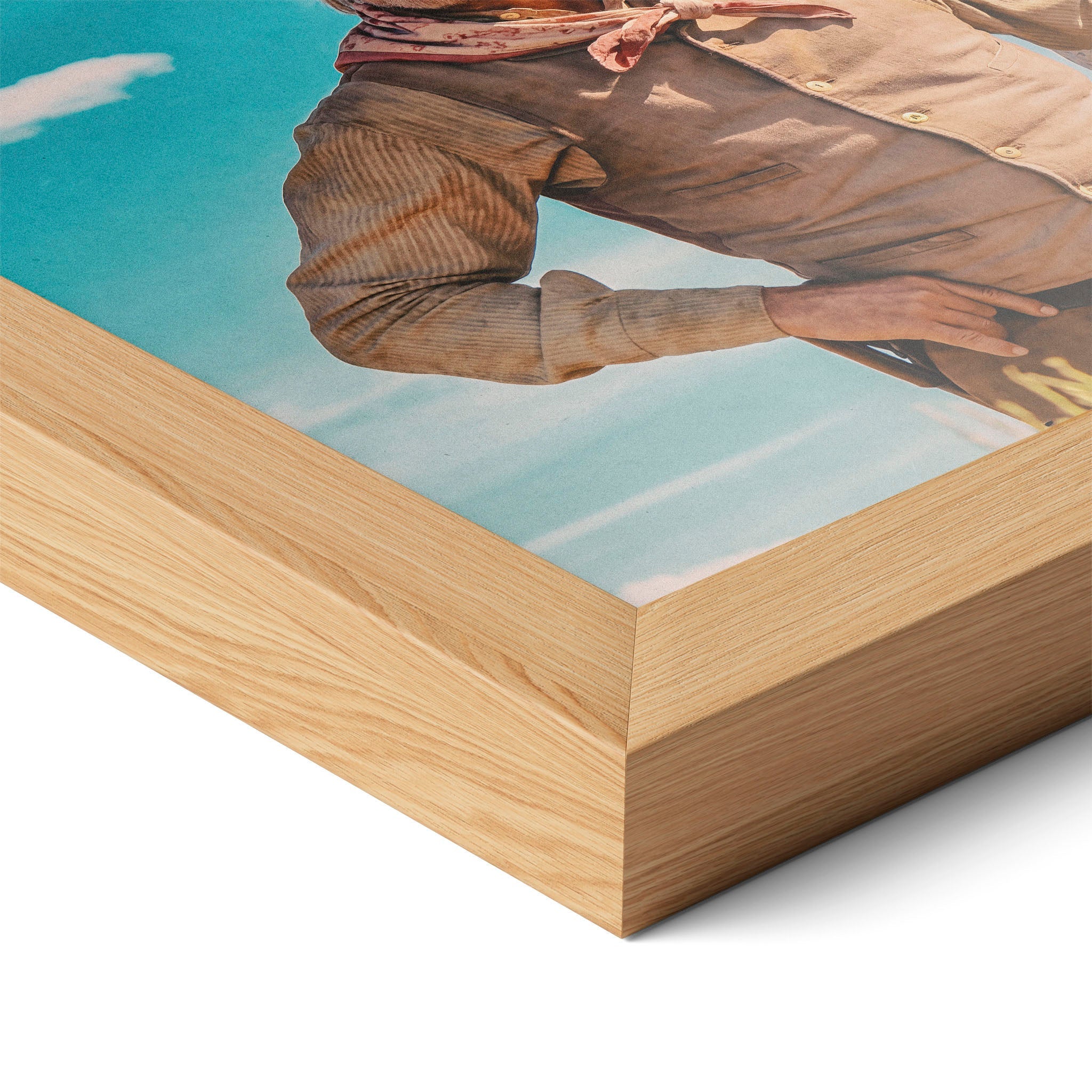 Close-up of the natural oak frame on the Lonesome Dove Montana Trail colour poster