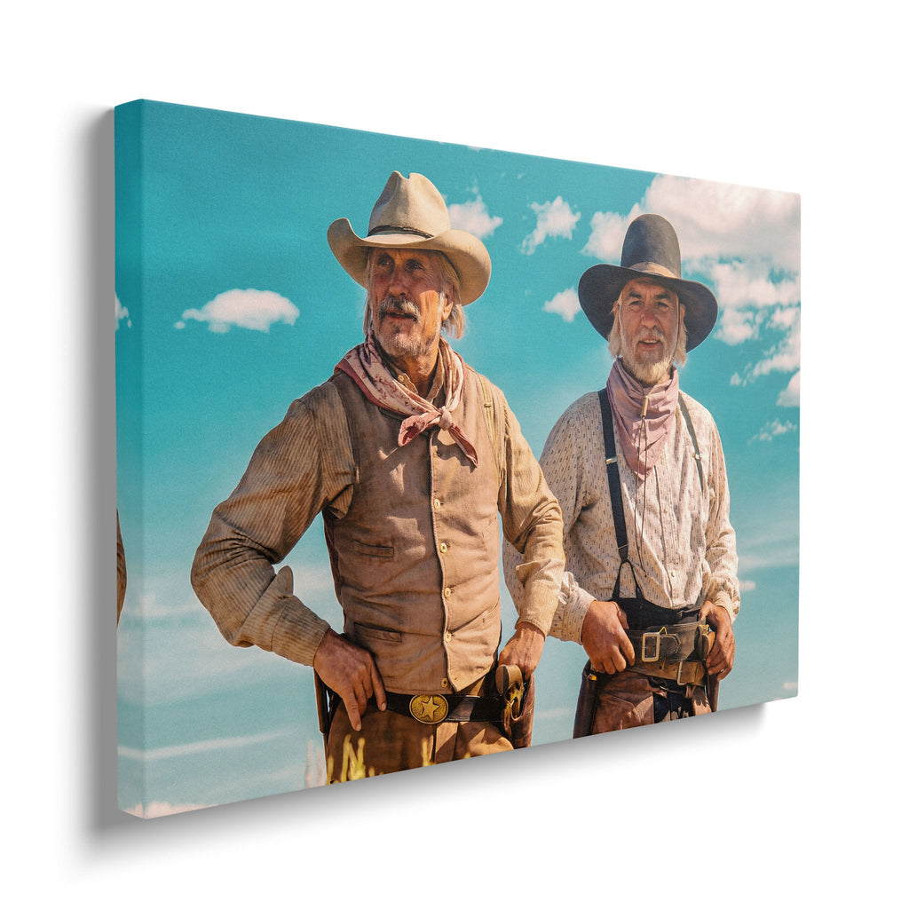 Gallery-wrapped colour canvas of Gus and Call on the Montana trail displayed on a wall