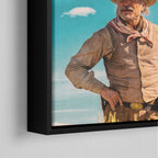 Corner close-up of the black floating frame on the Lonesome Dove Montana Trail colour canvas