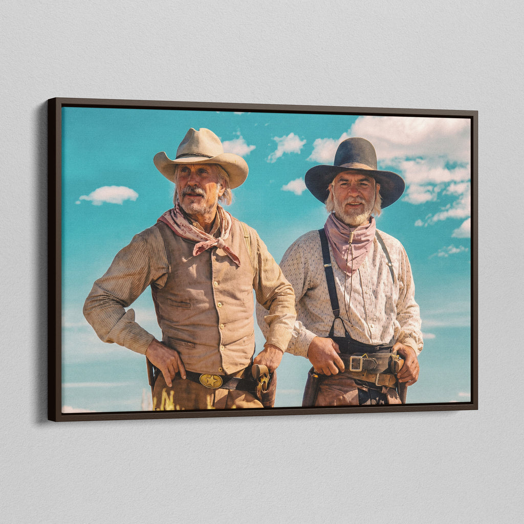 Angled view of the Lonesome Dove Montana Trail colour canvas in a dark walnut floating frame