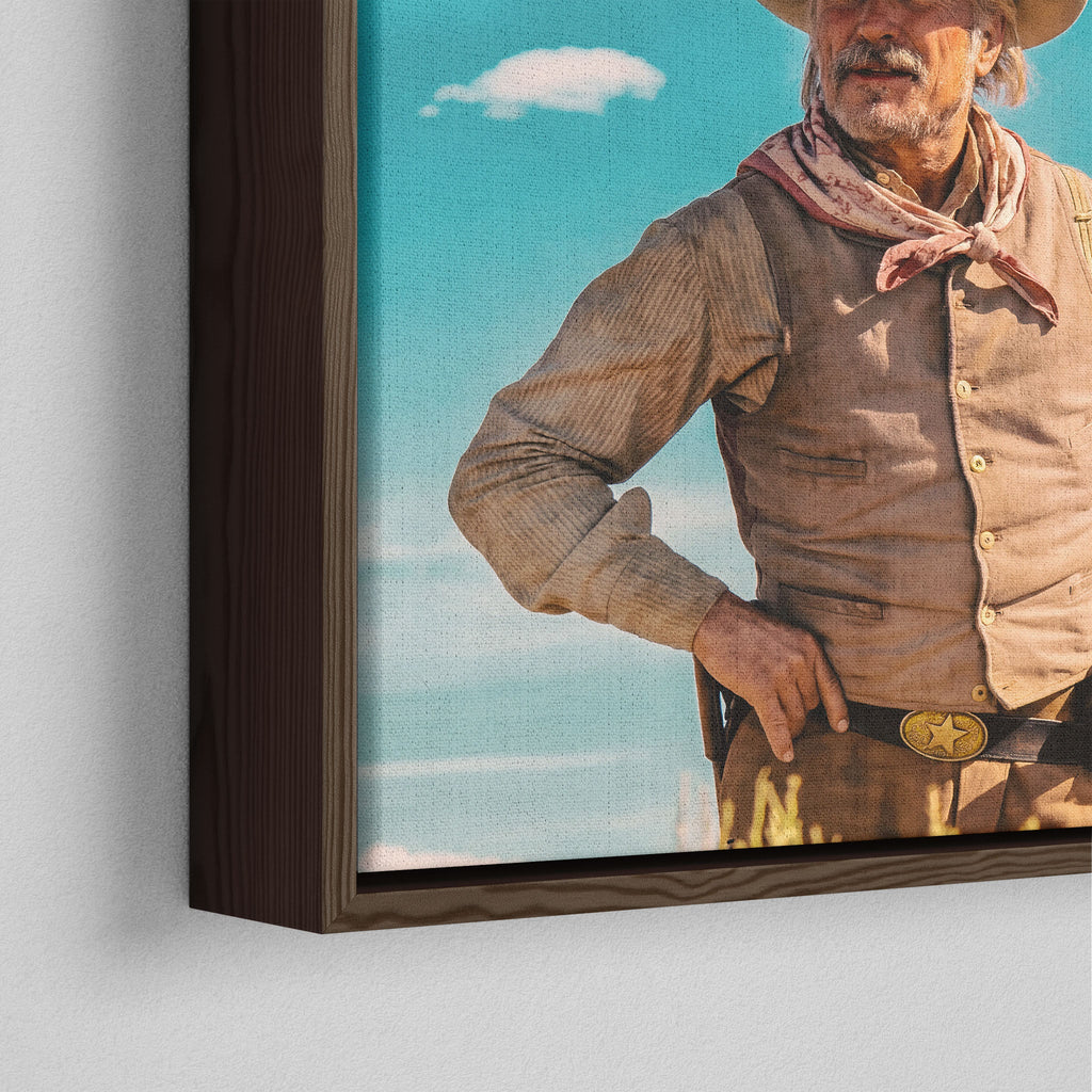 Close-up of the dark walnut floating frame on the Lonesome Dove Montana Trail colour canvas