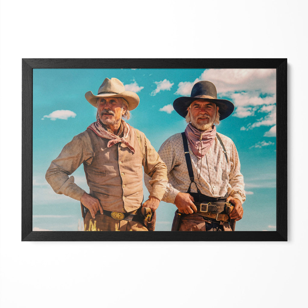 Robert Duvall and Tommy Lee Jones as Gus and Call in Lonesome Dove, colour portrait against a blue sky in a classic black poster frame